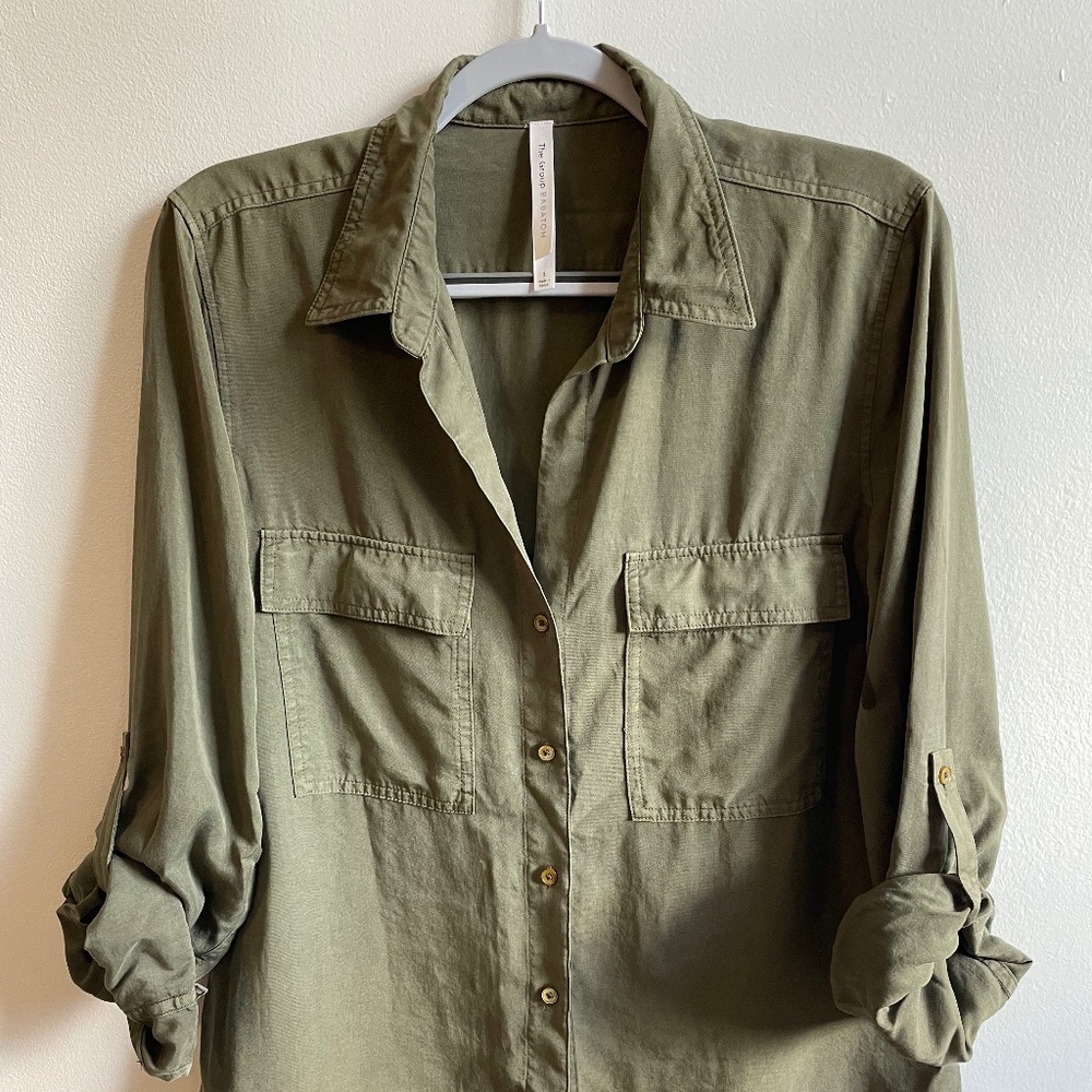 Babaton green button up top